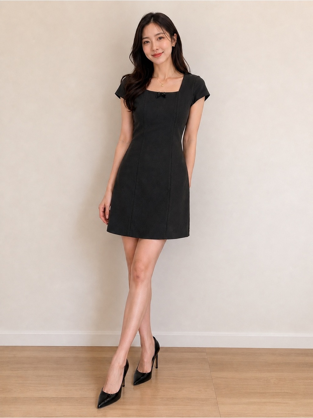 NWT Black Scoop-Neck Midi Dress with Bow